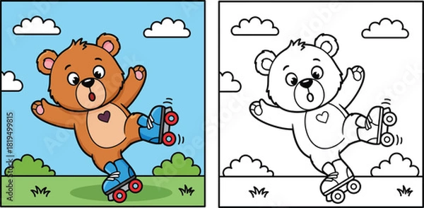 Fototapeta Cute cartoon bear on roller skates coloring book page with colored example vector illustration for kids
