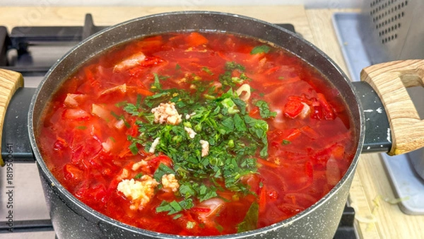 Obraz Bubbling cauldron of borscht, crimson symphony, Slavic culinary ritual, Winter Solstice warmth, beetroot essence, parsley crescendo, rustic nourishment