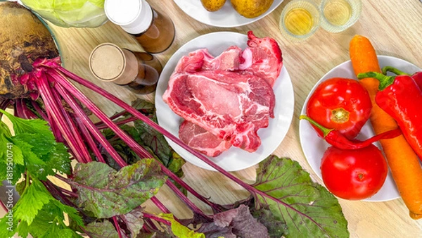 Obraz Intricate dance of vibrant vegetables and succulent pork, ideal for Slavic Maslenitsa feast or eclectic root festival celebrations