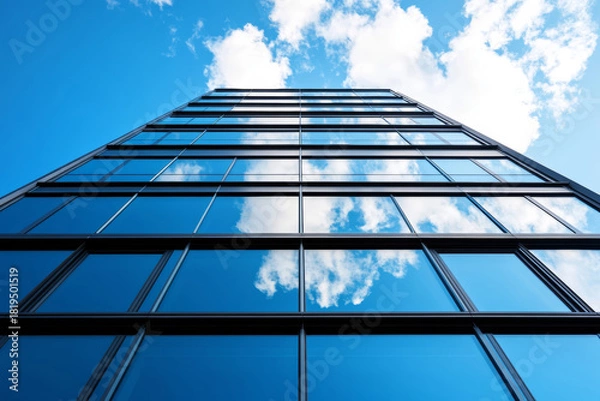 Fototapeta Looking up at a sleek office building, the blue sky and white clouds create stunning reflections on the glass windows, evoking tranquility and modernity