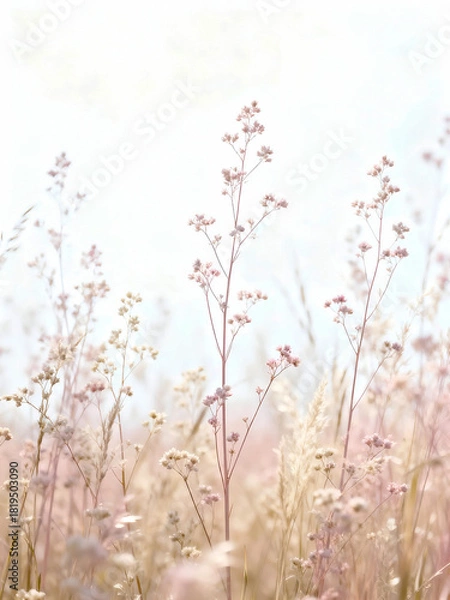 Fototapeta Dreamy Pastel Wild Grass Field with Soft Sky
