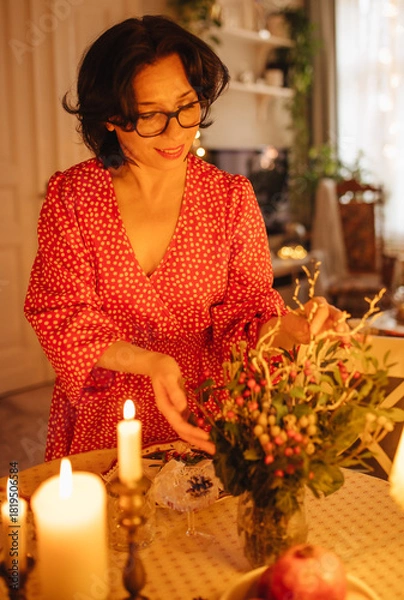 Obraz A woman is setting the table for Christmas dinner