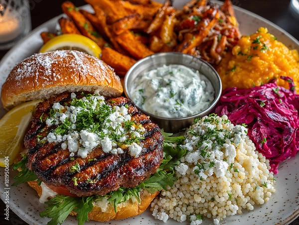 Fototapeta a delicious-looking meal set, including a juicy burger with fresh toppings and sauces, crispy fries, roasted vegetables, and a side of rice. The presentation is vibrant and appetizing