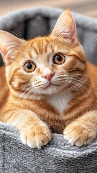 Fototapeta A charming orange cat is nestled comfortably in a cozy bed, showcasing its large, expressive eyes while enjoying a sunny afternoon indoors