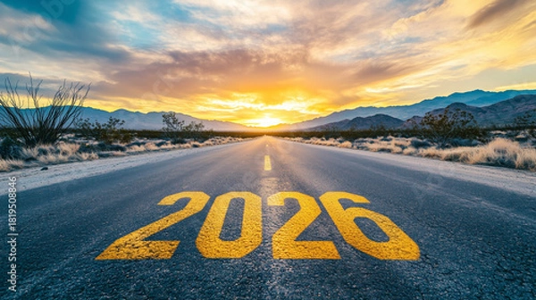Obraz  long empty desert road with large yellow numbers "2026" painted on the asphalt, leading toward the sunrise horizon