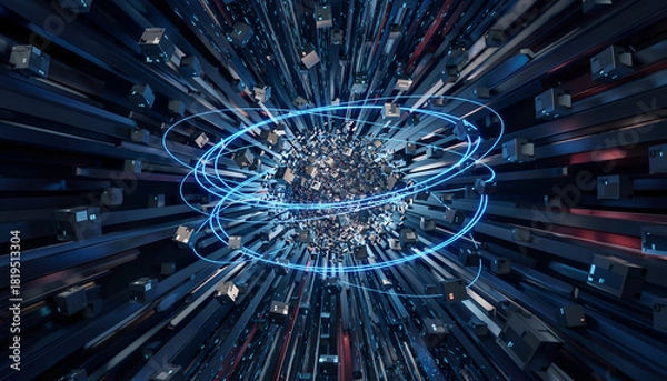 Obraz Data Fragments Escaping a Shattered Central System Abstract Decentralization Concept