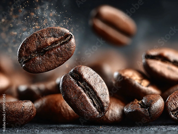 Fototapeta roasted coffee beans with a dynamic background showing coffee dust being scattered around a central bean