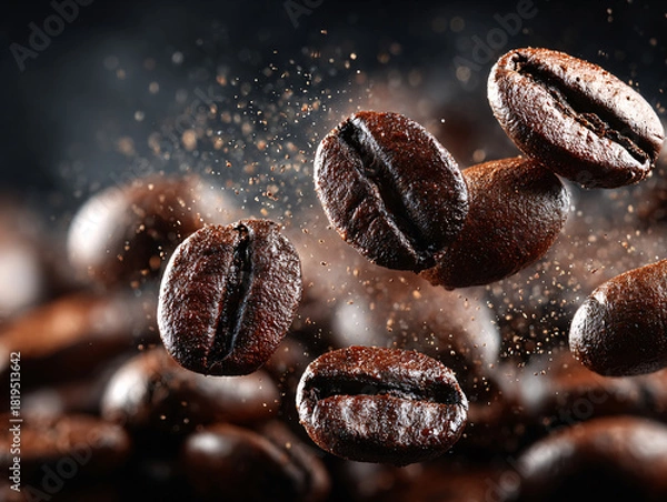 Fototapeta roasted coffee beans with a dynamic background showing coffee dust being scattered around a central bean