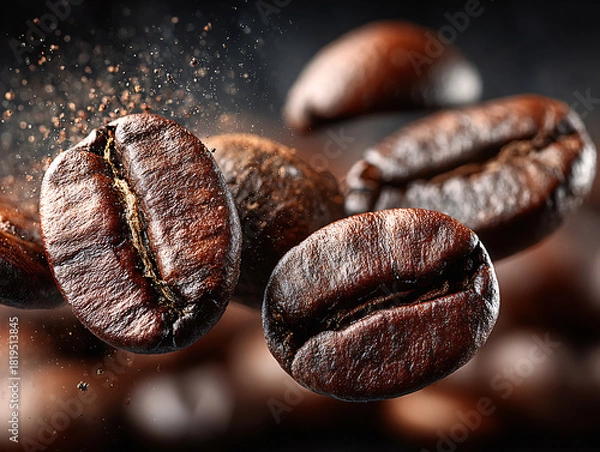 Fototapeta roasted coffee beans with a dynamic background showing coffee dust being scattered around a central bean