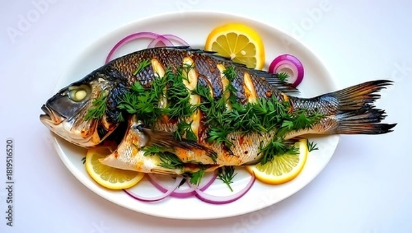 Fototapeta Grilled dorado fish with lemon and onion isolated on white background