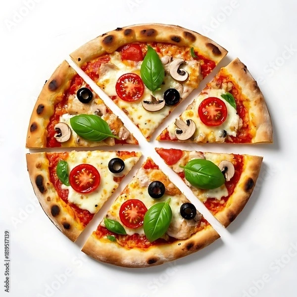 Fototapeta Delicious pizza with basil, tomato, and mushroom isolated on white background