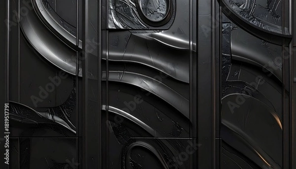 Fototapeta Black metallic panel with subtle embossed patterns and reflections, premium luxury texture