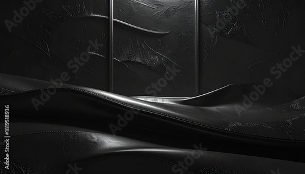 Fototapeta Black metallic panel with subtle embossed patterns and reflections, premium luxury texture