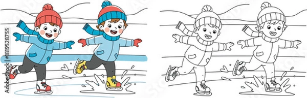 Fototapeta Cartoon little boy ice skating on frozen lake, winter outdoor activity, coloring book page for kids, vector illustration with colored and black and white outline versions
