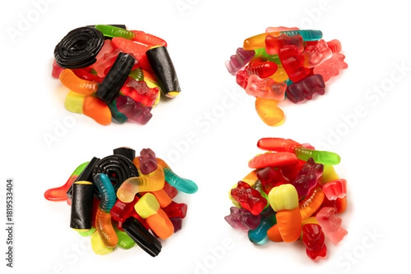 Fototapeta Assorted colorful gummy candies isolated on a white background. Top view. Jelly  sweets.