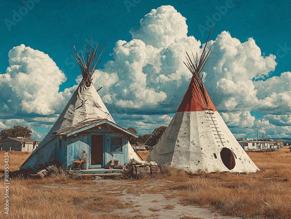 Obraz traditional Native American tipi tents set against a dramatic sky filled with large, fluffy clouds. The grassy landscape and the rustic appearance of the tipis create a serene