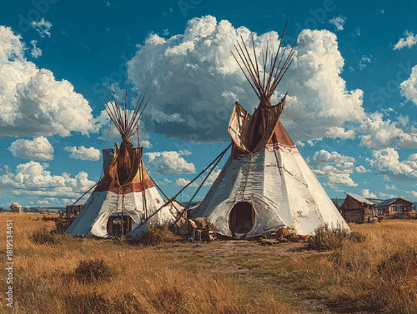 Fototapeta traditional Native American tipi tents set against a dramatic sky filled with large, fluffy clouds. The grassy landscape and the rustic appearance of the tipis create a serene