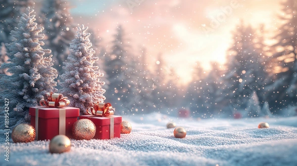 Fototapeta elegant 3d winter scene with snowy trees, red gifts and golden ornaments during sunset or sunrise