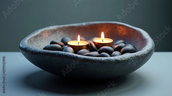 Fototapeta Two glowing candles and smooth dark stones in a rustic bowl, evoking calm