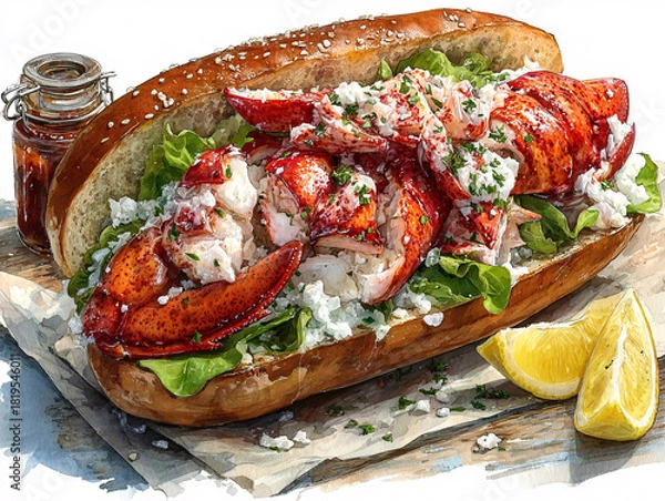 Obraz a delicious lobster roll with a creamy dressing, fresh lettuce, and a lemon wedge on the side. The lobster is prominently displayed