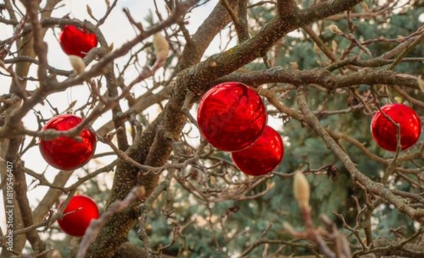 Fototapeta Red Christmas ornaments hanging on bare tree branches creating a festive outdoor holiday scene