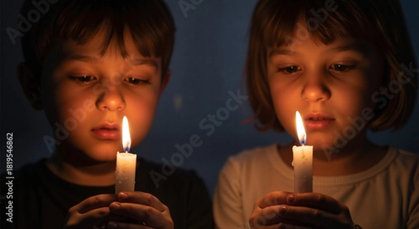 Obraz Two children mesmerized by candlelight in a darkened room