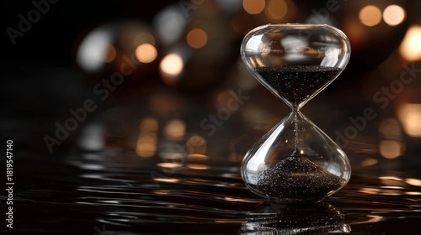Fototapeta Elegant hourglass with black sand on reflective surface, warm bokeh lights in background, symbolizing time, transition, and the passage of moments