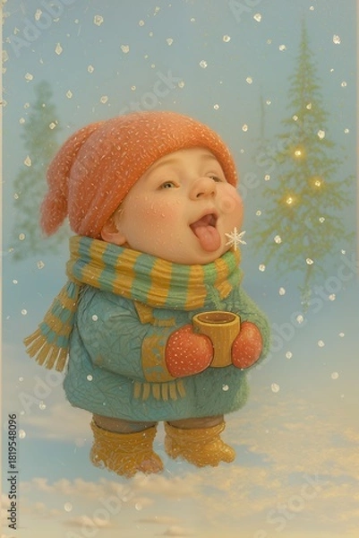 Fototapeta Joyful child in winter clothes catching snowflakes on tongue and holding warm mug in snowy forest