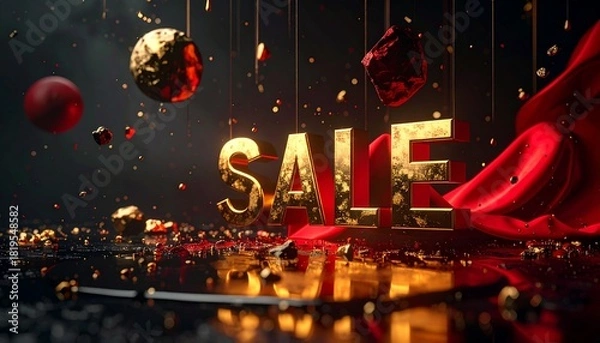 Fototapeta Large bold metallic letters spelling 'SALE' on a glossy black textured background, dramatic shadows enhancing contrast