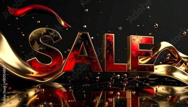 Fototapeta Large bold metallic letters spelling 'SALE' on a glossy black textured background, dramatic shadows enhancing contrast