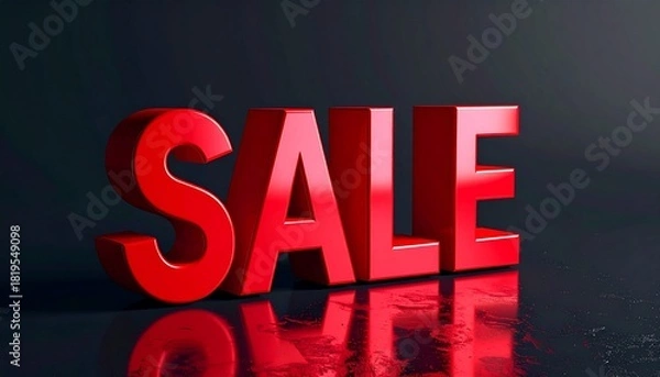 Fototapeta Large bold metallic letters spelling 'SALE' on a glossy black textured background, dramatic shadows enhancing contrast