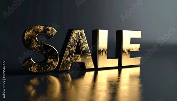 Fototapeta Large bold metallic letters spelling 'SALE' on a glossy black textured background, dramatic shadows enhancing contrast