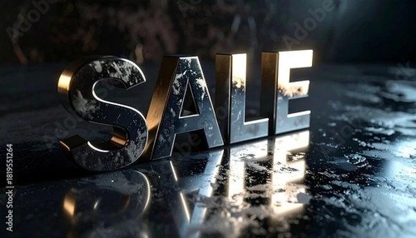 Fototapeta Large bold metallic letters spelling 'SALE' on a glossy black textured background, dramatic shadows enhancing contrast