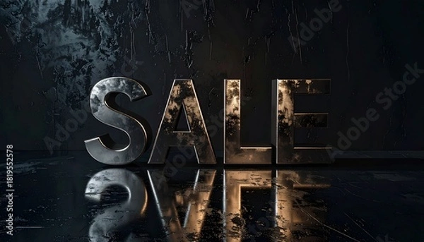 Fototapeta Large bold metallic letters spelling 'SALE' on a glossy black textured background, dramatic shadows enhancing contrast