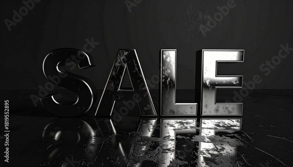 Fototapeta Large bold metallic letters spelling 'SALE' on a glossy black textured background, dramatic shadows enhancing contrast