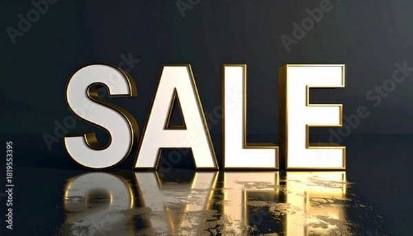 Fototapeta Large bold metallic letters spelling 'SALE' on a glossy black textured background, dramatic shadows enhancing contrast