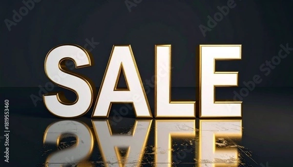 Fototapeta Large bold metallic letters spelling 'SALE' on a glossy black textured background, dramatic shadows enhancing contrast