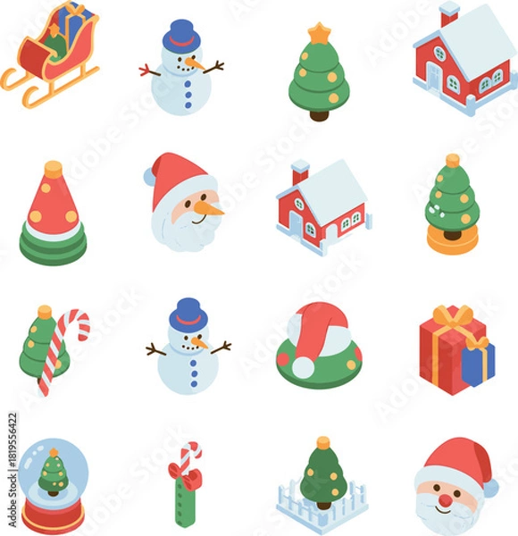 Fototapeta Christmas Holiday Vector Icons and Festive Characters – Cute Flat Decorations on Transparent Background