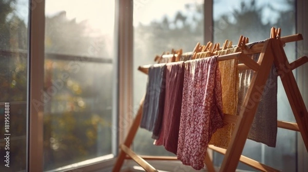 Fototapeta Cozy Indoor Laundry Scene with Colorful Fabrics Drying in Natural Light by a Window on a Sunny Day