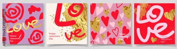 Obraz Creative concept of Happy Valentines Day cards set. Modern abstract art design with featuring bold LOVE , gold textured accents, heart patterns.Templates for poster, ads, banner, cover, label, sales