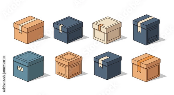 Obraz Isometric view of a collection of eight closed boxes with different colors and tapes
