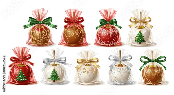 Obraz Collection of caramel apples wrapped in cellophane with decorative bows and trees