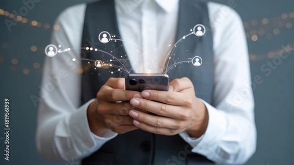 Obraz A person using a smartphone with connection icon