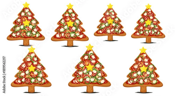Fototapeta Illustration of several christmas tree shaped pizzas with star toppings arranged