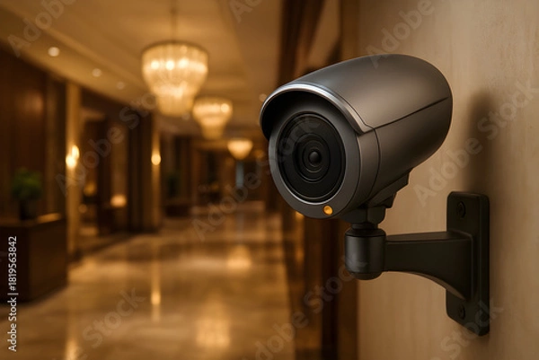 Fototapeta Modern security camera in a luxury hotel lobby