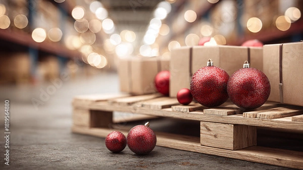 Fototapeta Festive shipping preparation: Christmas ornaments adorn packages on a wooden pallet in a warehouse, holiday cheer meets efficient delivery.