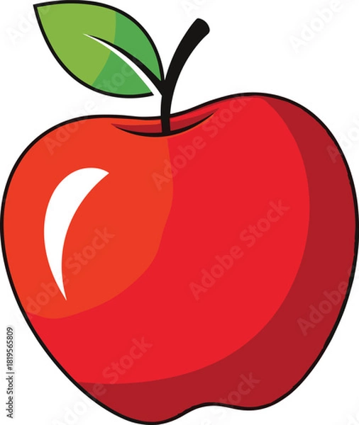 Fototapeta Bright red apple illustration with green leaf representing fresh fruit, organic food, healthy nutrition, natural produce concept design