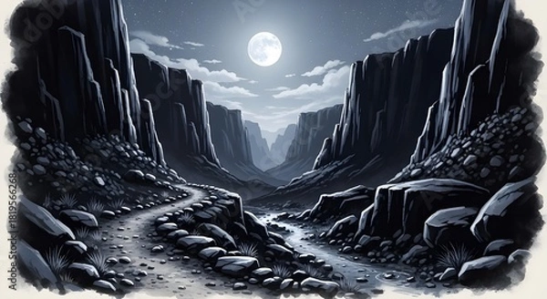 Obraz Stylized Monochrome Illustration of Moonlit Rocky Canyon Path