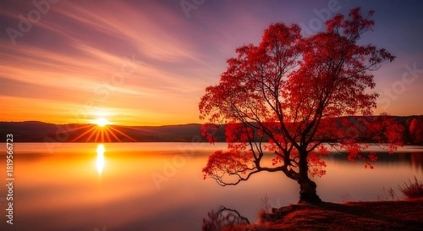 Obraz Beautiful Red Autumn Tree by Calm Lake at Sunset with Reflection