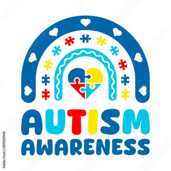 Fototapeta Autism awareness boho rainbow with puzzle heart. Colorful design suitable for posters, campaigns, merchandise, and educational materials supporting inclusion and neurodiversity. Vector illustration.